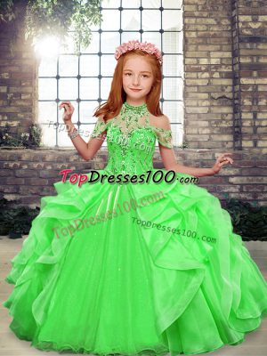 Green Ball Gowns Organza High-neck Sleeveless Beading Floor Length Lace Up Kids Formal Wear