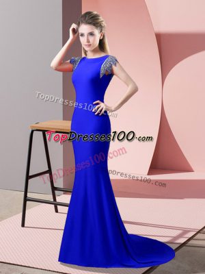 Designer Royal Blue Mermaid High-neck Short Sleeves Elastic Woven Satin Brush Train Backless Beading