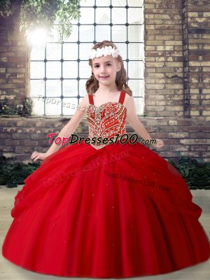 Red Ball Gowns Beading Little Girl Pageant Dress Lace Up Tulle Sleeveless Floor Length
