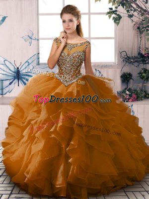 Brown Lace Up Scoop Beading and Ruffles Quince Ball Gowns Organza Sleeveless