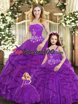 Sleeveless Tulle Floor Length Lace Up Quince Ball Gowns in Purple with Beading and Ruffles