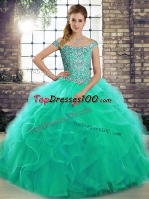 Free and Easy Off The Shoulder Sleeveless Tulle 15th Birthday Dress Beading and Ruffles Brush Train Lace Up