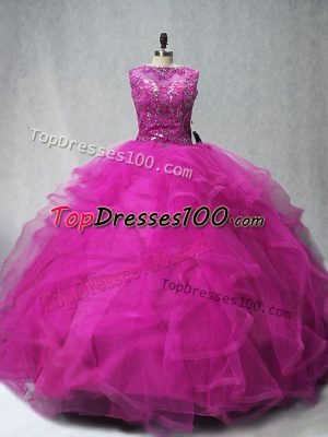 Free and Easy Fuchsia Sweet 16 Quinceanera Dress Tulle Brush Train Sleeveless Beading and Ruffles