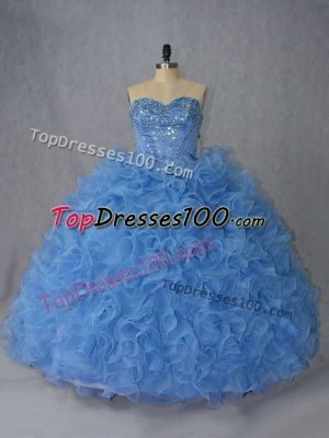 Blue Lace Up Quince Ball Gowns Beading and Ruffles Sleeveless Brush Train