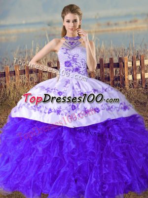 Flare Organza Halter Top Sleeveless Court Train Lace Up Embroidery and Ruffles 15 Quinceanera Dress in Blue