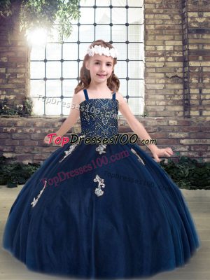 Beautiful Floor Length Ball Gowns Sleeveless Navy Blue Glitz Pageant Dress Lace Up