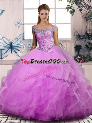 Amazing Off The Shoulder Sleeveless Vestidos de Quinceanera Floor Length Beading and Ruffles Lilac Tulle