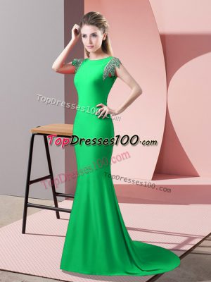 Gorgeous Elastic Woven Satin Short Sleeves Prom Party Dress Brush Train and Beading