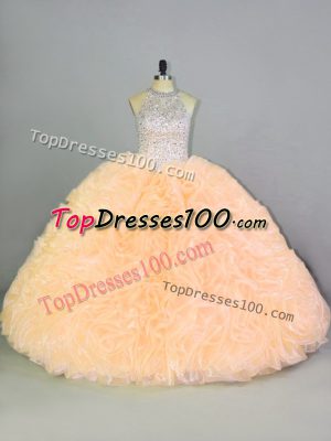 Peach Lace Up Halter Top Beading and Ruffles Sweet 16 Quinceanera Dress Organza Sleeveless