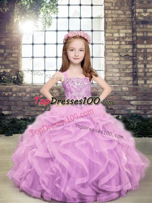 Elegant Floor Length Lace Up Winning Pageant Gowns Lavender for Party and Sweet 16 and Wedding Party with Beading and Ruffles