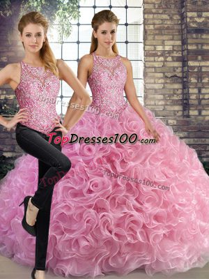 Captivating Rose Pink Sleeveless Floor Length Beading Lace Up Quinceanera Gown