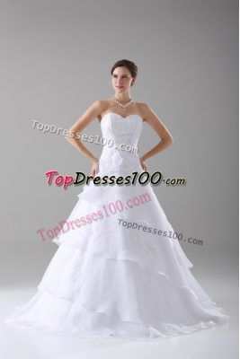 Superior Sweetheart Sleeveless Brush Train Lace Up Wedding Gowns White Organza