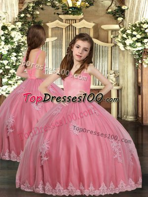 Watermelon Red Straps Neckline Appliques Little Girl Pageant Gowns Sleeveless Lace Up