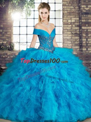 High Quality Sleeveless Tulle Floor Length Lace Up Sweet 16 Quinceanera Dress in Blue with Beading and Ruffles