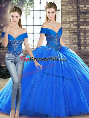 Off The Shoulder Sleeveless Organza Vestidos de Quinceanera Beading Brush Train Lace Up