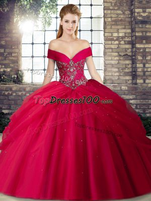 Red Sleeveless Brush Train Beading and Pick Ups 15th Birthday Dress