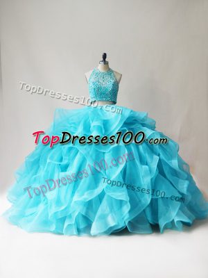 Discount Sleeveless Floor Length Beading and Ruffles Lace Up Sweet 16 Dress with Aqua Blue