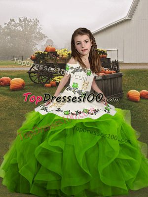 Perfect Organza Straps Sleeveless Lace Up Embroidery and Ruffles Pageant Dress Wholesale in Green