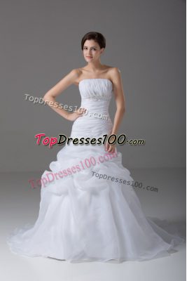 Strapless Sleeveless Organza Wedding Gowns Beading and Pick Ups Brush Train Lace Up