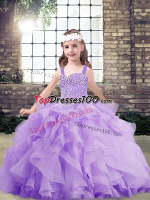 Dazzling Floor Length Lavender Girls Pageant Dresses Organza Sleeveless Beading and Ruffles
