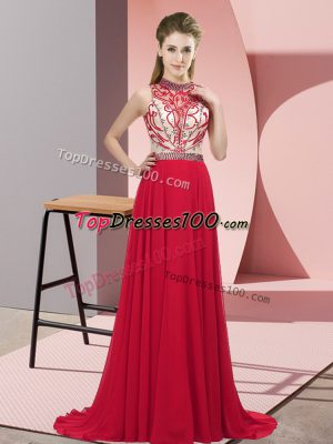 Attractive Halter Top Sleeveless Prom Evening Gown Brush Train Beading Red Chiffon