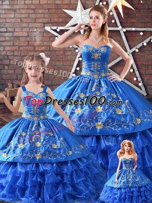 Blue Sweetheart Lace Up Embroidery Sweet 16 Dresses Sleeveless