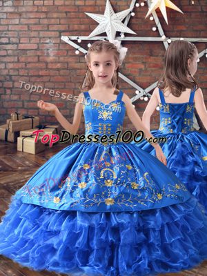 Royal Blue Sleeveless Floor Length Embroidery and Ruffled Layers Lace Up Little Girl Pageant Gowns