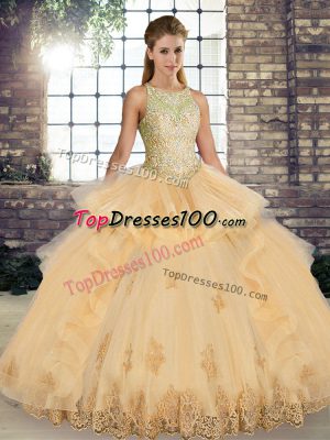 Exquisite Champagne Scoop Lace Up Lace and Embroidery and Ruffles Quinceanera Gowns Sleeveless