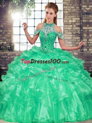 Ball Gowns Quince Ball Gowns Turquoise Halter Top Organza Sleeveless Floor Length Lace Up