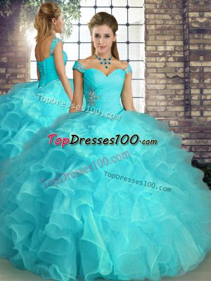 Dynamic Sleeveless Floor Length Beading and Ruffles Lace Up Quince Ball Gowns with Aqua Blue