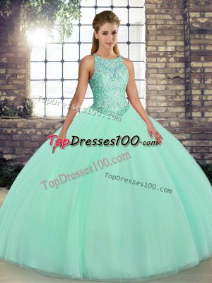 Admirable Apple Green Tulle Lace Up Scoop Sleeveless Floor Length 15th Birthday Dress Embroidery