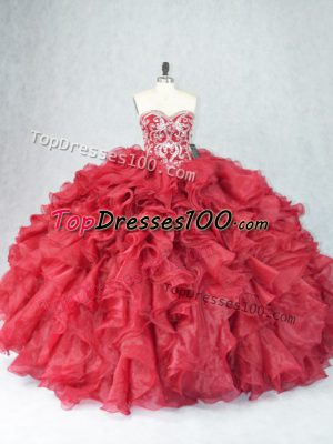 Organza Sweetheart Sleeveless Lace Up Beading and Ruffles Quinceanera Dresses in Burgundy