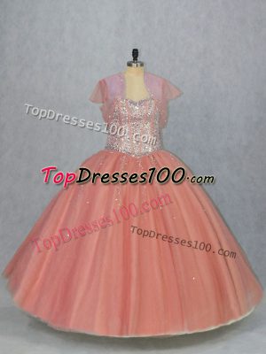 Beading Ball Gown Prom Dress Watermelon Red Lace Up Sleeveless Floor Length