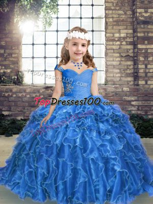 Beauteous Floor Length Blue Child Pageant Dress Straps Sleeveless Lace Up