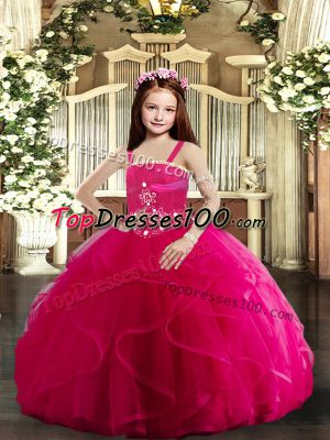 Floor Length Hot Pink Pageant Dress Straps Sleeveless Lace Up