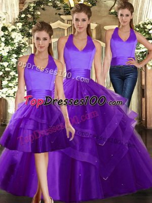 Customized Purple Halter Top Neckline Ruffles Sweet 16 Dresses Sleeveless Lace Up