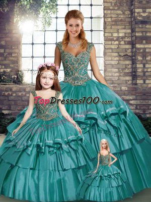 Most Popular Sleeveless Taffeta Floor Length Lace Up Quince Ball Gowns in Teal with Beading and Ruffled Layers