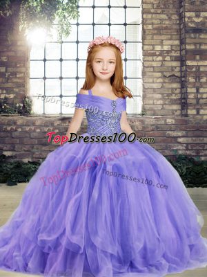 Sleeveless Lace Up Floor Length Beading Little Girls Pageant Gowns