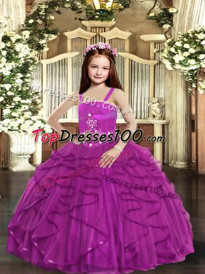 Sleeveless Tulle Floor Length Lace Up Pageant Gowns For Girls in Fuchsia with Beading and Ruffles