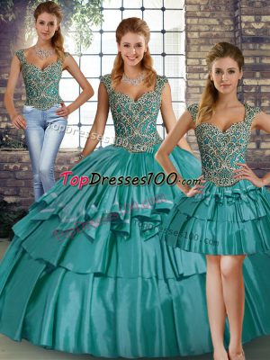 Floor Length Three Pieces Sleeveless Teal 15th Birthday Dress Lace Up