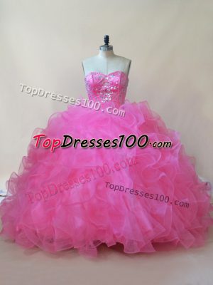 Sexy Sweetheart Sleeveless Quinceanera Dresses Floor Length Beading and Ruffles Hot Pink Tulle