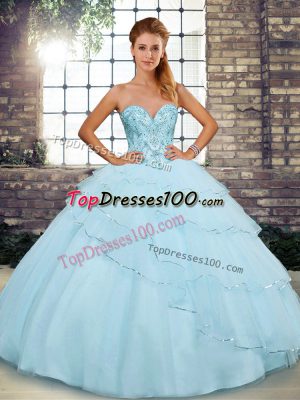 Sweetheart Sleeveless Tulle Ball Gown Prom Dress Beading and Ruffled Layers Brush Train Lace Up