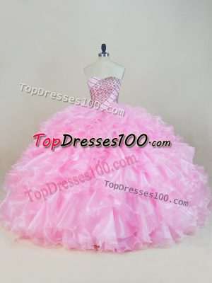 Sleeveless Organza Floor Length Lace Up Quinceanera Dress in Baby Pink with Beading and Ruffles