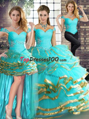 Delicate Aqua Blue Tulle Lace Up Quinceanera Gowns Sleeveless Floor Length Beading and Ruffled Layers