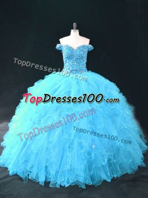 Noble Aqua Blue Ball Gowns Off The Shoulder Sleeveless Tulle Floor Length Lace Up Beading and Ruffles Vestidos de Quinceanera