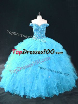 Noble Aqua Blue Ball Gowns Off The Shoulder Sleeveless Tulle Floor Length Lace Up Beading and Ruffles Vestidos de Quinceanera