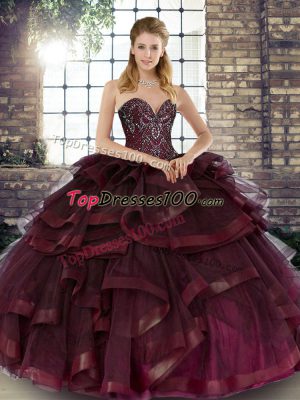 Artistic Burgundy Ball Gowns Sweetheart Sleeveless Tulle Floor Length Lace Up Beading and Ruffles Sweet 16 Quinceanera Dress