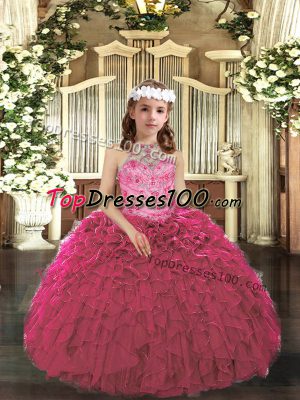 Hot Pink Ball Gowns Beading and Ruffles Pageant Dress for Teens Lace Up Tulle Sleeveless Floor Length