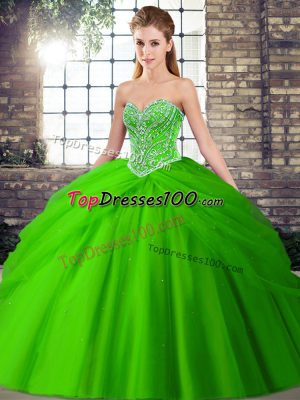 Artistic Green Sleeveless Brush Train Beading and Pick Ups 15 Quinceanera Dress
