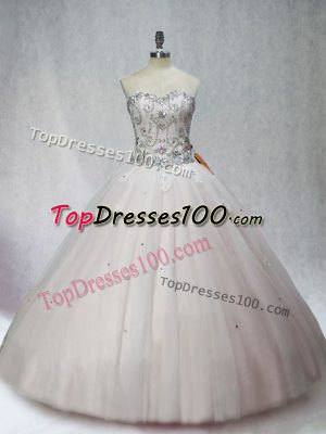 White Ball Gowns Tulle Sweetheart Sleeveless Beading Floor Length Lace Up 15th Birthday Dress